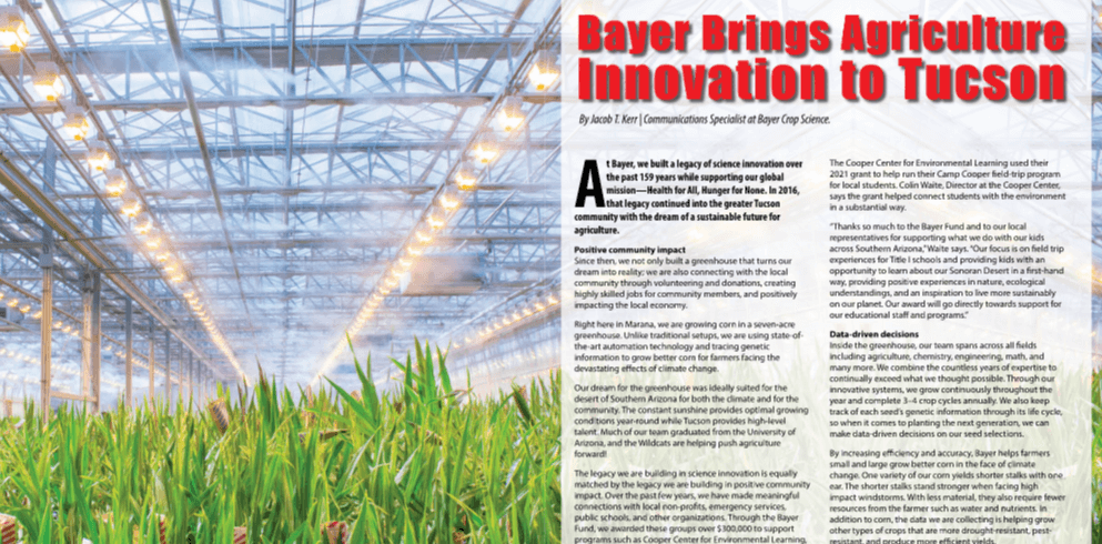 Image of Tucson Metro Chamber article 'Bayer Brings Agriculture Innovation to Tucson'