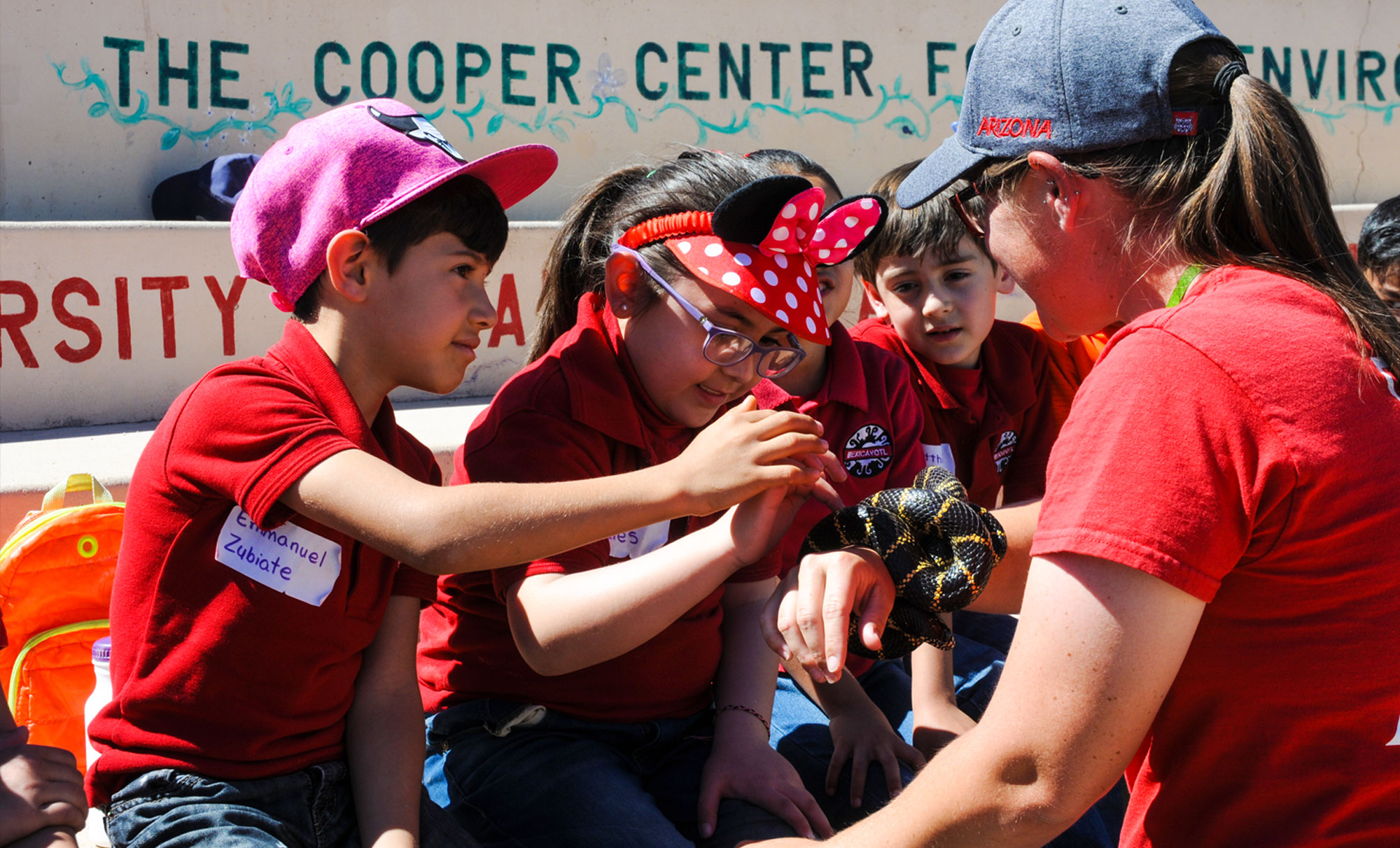 Camp Cooper half day programs include an animal experience - photo of children learning about a king snake. 