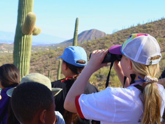 group of campers looking out to desert landscape